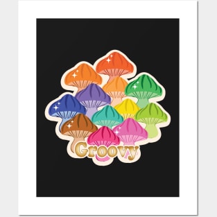 Magical Mushrooms with Groovy golden typography in Rainbow colours Posters and Art